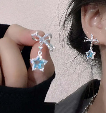 DAIIIBABYYY  -  Korean Fashion Blue Zircon Star Stud Earrings for Women Creative Shiny Rhinestone Bowknot Earrings Sweet Girls Jewelry Gifts